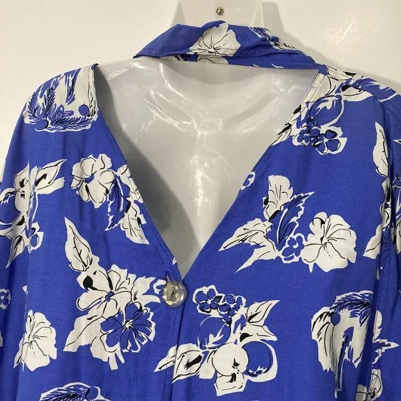 Tramway Paris Floral Tunic top long sleeve asymmetrical hem open back blue white - Picture 3 of 11